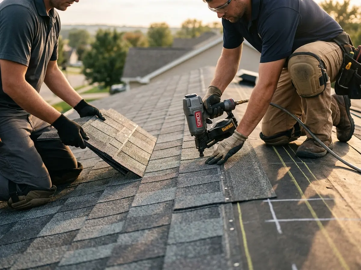 Professional roofer working on a residential roof in Garland